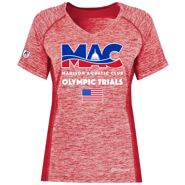 MAC: Olympic Trials Team - Englehardt Electrify Tee - Ladies XS / Scarlet Heathered Madison Aquatic Club