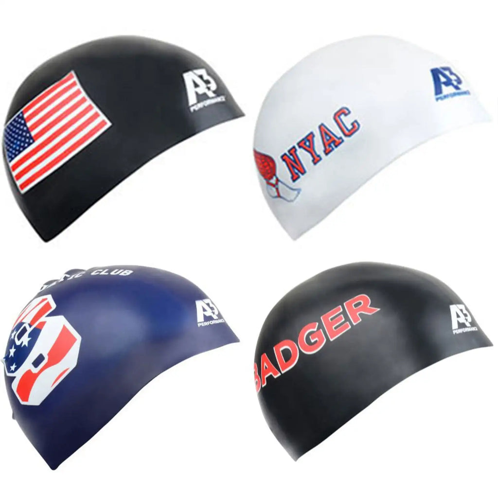 Black swim cap with red, white, and blue american flag patch