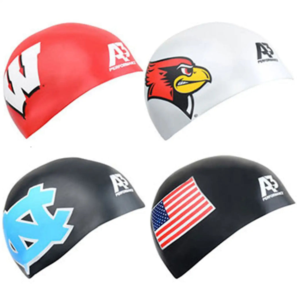 Red, white, and black swim caps featuring university logos and the a3 performance brand.